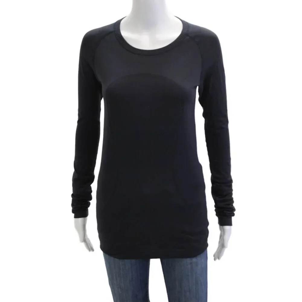 Lululemon Women Basic Long Sleeve Crew Neck Top Black Nylon Blend Size 6